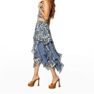MISA Los Angeles Zoe Tiered Hi Lo Skirt Flora Azulia & Blue Astra XS NWT $395